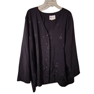 3492)Vtg Maggy Sweet Black Floral Long Sleeve Button Up V neck Blouse Plus 2X